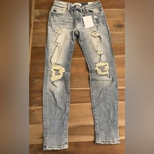 NWT Kancan Hard Work Distressed Girlfriend Splatter Denim